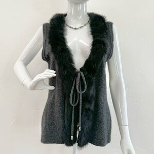 McDonald New Zealand Merino Wool Real Black Fur Trim Knit Vest Jacket Women's M
